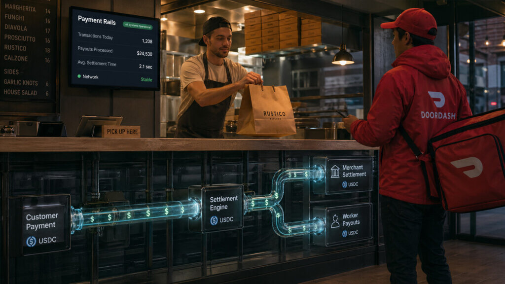 DoorDash courier receives an order as USDC payment rails route stablecoin settlements to merchants and workers across global markets