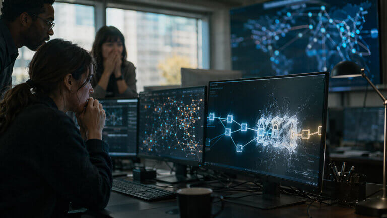 Security team monitors blockchain flows on large screens as a digital lock blocks stolen funds, reflecting crypto’s shift from censorship resistance to emergency intervention after hackers struck