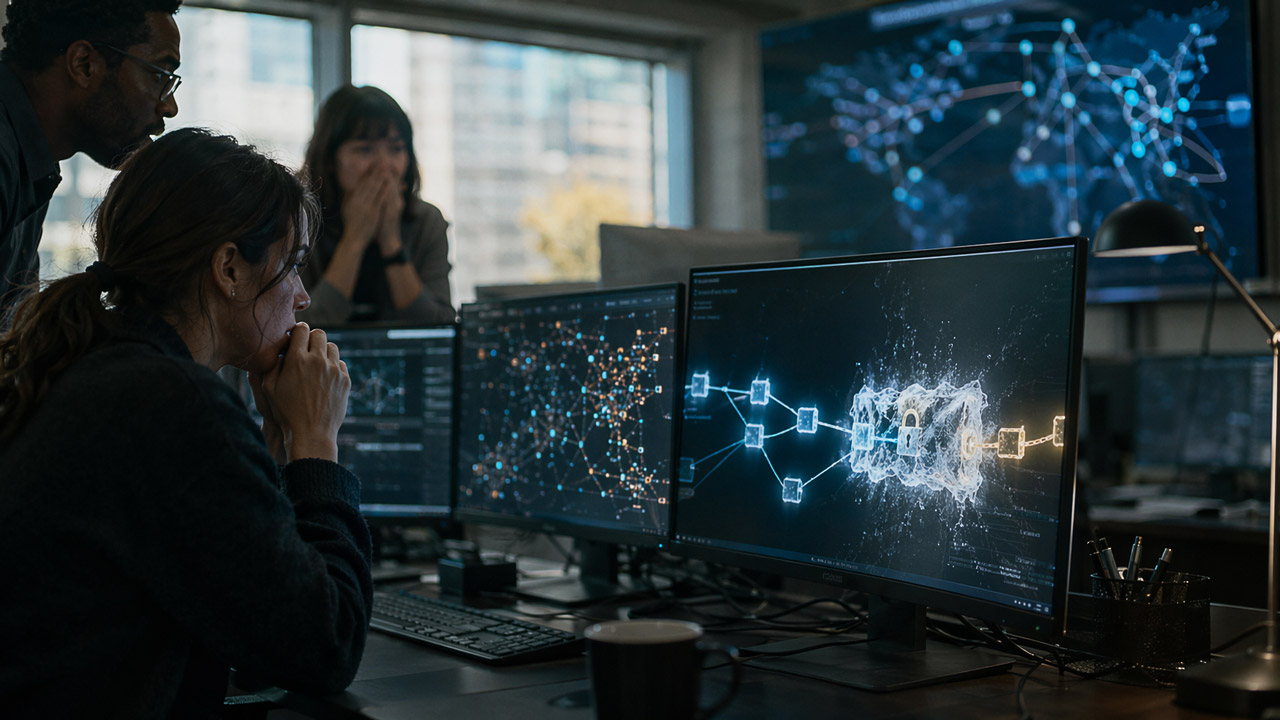 Security team monitors blockchain flows on large screens as a digital lock blocks stolen funds, reflecting crypto’s shift from censorship resistance to emergency intervention after hackers struck