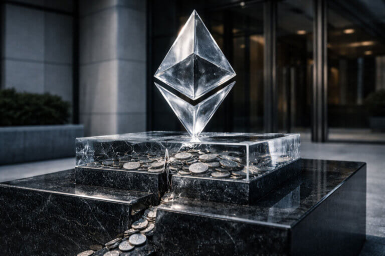 Crystal Ethereum symbol above a cracked base spilling coins, reflecting treasury sell pressure despite staking expectations