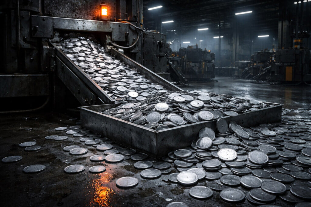 Factory conveyor overflowing with identical coins, symbolizing mass minting of fake DOT tokens on Ethereum after the Polkadot Hyperbridge incident