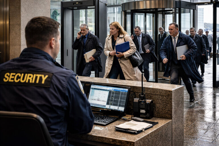 Officials rushing through a secured building entrance past a security checkpoint, reflecting urgency around a critical Fed and Treasury cyber risk meeting