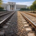 Rail lines leading directly to the Federal Reserve, symbolizing FedNow advancing into payment infrastructure long associated with XRP’s core use case