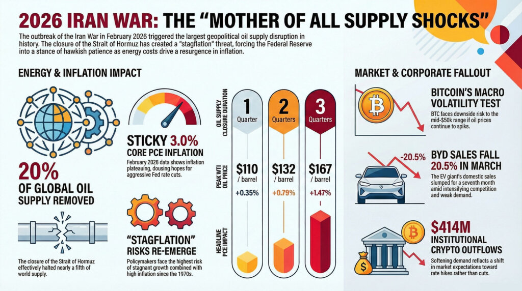 Infographic showing the 2026 Iran war triggering a global supply shock, with 20% oil supply disruption, rising inflation, and impacts on energy prices, markets, and crypto flows