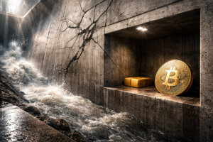 Bitcoin stored in a concrete shelter as floodwaters surge outside, symbolizing capital protection during macro stress tied to Ray Dalio’s money thesis