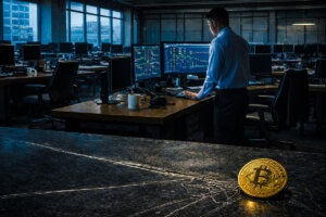 Bitcoin coin on a cracked desk in a dim trading office as a trader monitors charts, symbolizing market uncertainty and jobs report revision risk impacting crypto sentiment