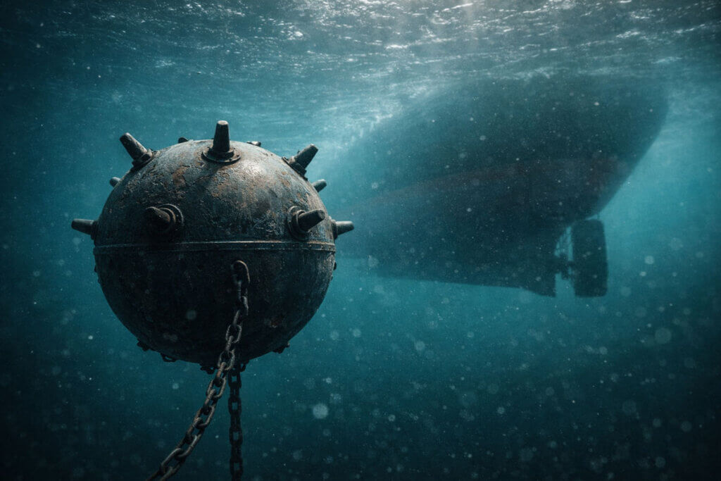 Underwater naval mine near a passing tanker, symbolizing lingering geopolitical risk threatening Bitcoin’s fragile rebound