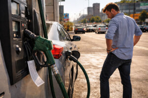 Driver looking at rising fuel costs while refueling at a gas station, reflecting inflation pressure from an oil price shock