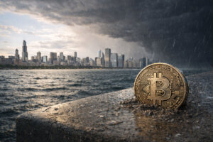 Bitcoin coin on a rain-soaked waterfront with a storm approaching a city skyline, reflecting market uncertainty as a strong US jobs report delays Fed relief and tests crypto outlook