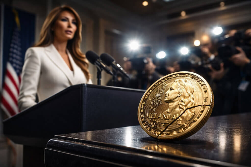Melania Trump speaking at a podium with a cracked Melania crypto token in the foreground, symbolizing failed market recovery after her statement