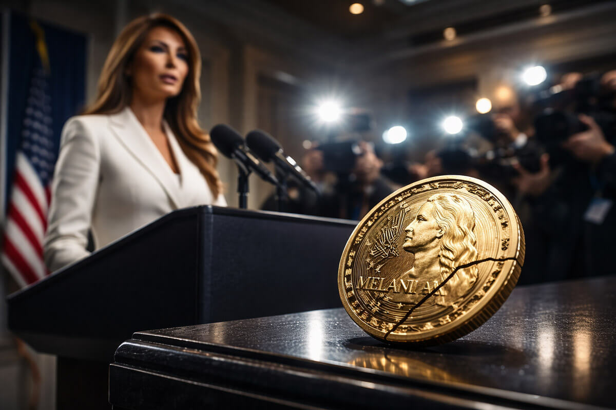 Melania Trump speaking at a podium with a cracked Melania crypto token in the foreground, symbolizing failed market recovery after her statement