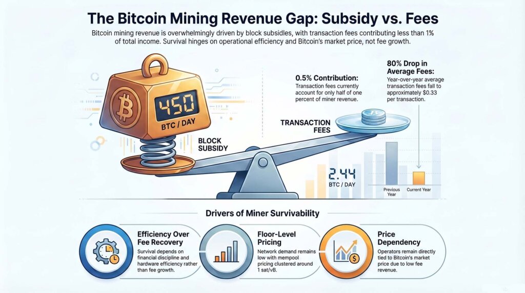 Infographic showing Bitcoin mining revenue dominated by block subsidies while transaction fees contribute less than 1%, with a seesaw comparing 450 BTC/day in subsidies to 2.44 BTC/day in fees.