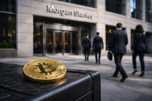 Bitcoin placed outside a Morgan Stanley office as investors enter, reflecting new ETF demand and growing competition with BlackRock IBIT