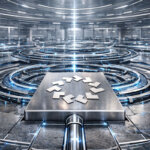 Futuristic AI computing hub with a central processing core and data rings, representing OpenServ’s claim of outperforming OpenAI in benchmark tests