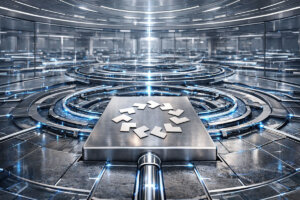 Futuristic AI computing hub with a central processing core and data rings, representing OpenServ’s claim of outperforming OpenAI in benchmark tests