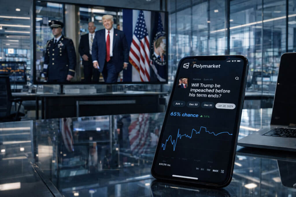 Polymarket app showing rising impeachment odds on a smartphone with Trump on a screen behind, reflecting market uncertainty despite Bitcoin rebound and cooling oil prices