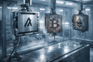 Industrial machines processing Algorand, Bitcoin, and Ethereum blocks, highlighting Algorand’s surge as quantum risk concerns weigh on Bitcoin and Ethereum