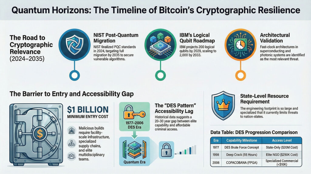 Timeline infographic showing Bitcoin’s cryptographic resilience against quantum computing, including NIST post-quantum standards, IBM’s roadmap, accessibility barriers, and projected milestones from 2024 to 2035