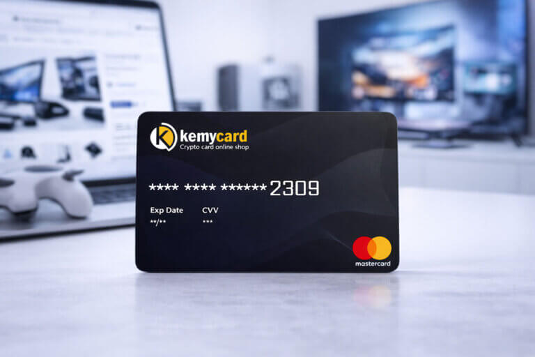 Kemycard crypto Mastercard displayed on a desk with laptop and digital shopping setup, representing the Kemycard crypto card review