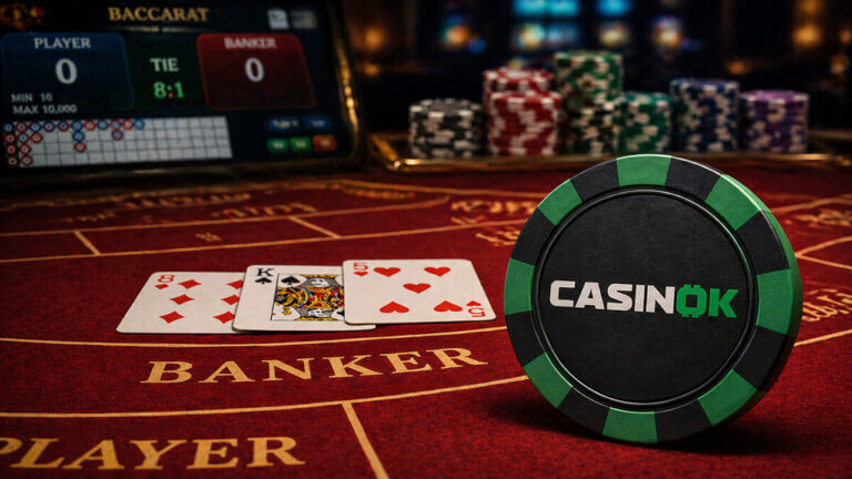 CasinOK casino chip on a baccarat table with playing cards and gaming chips for a crypto casino review