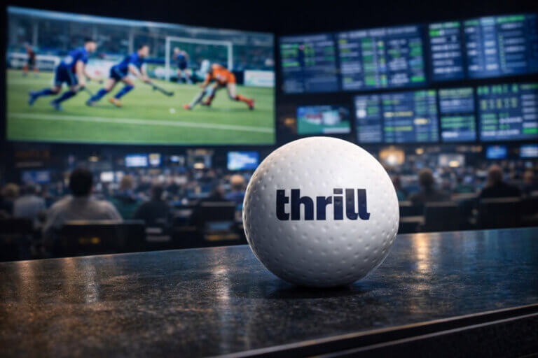 Thrill sportsbook interface with live sports betting screens and odds displayed during a hockey match