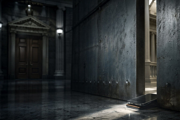 Smartphone propping open a heavy government-style door in a grand hall, symbolizing the SEC creating a narrow path for on-chain securities apps without waiting for Congress