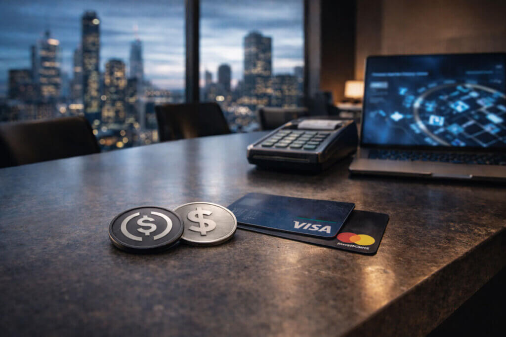Stablecoin tokens beside Visa and Mastercard cards on a payment desk, illustrating coexistence rather than direct competition in modern payment systems