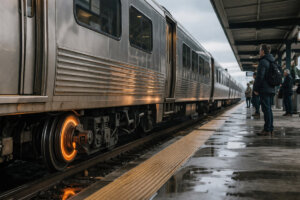 Commuters waiting beside a slowing train with overheated wheels, reflecting a stalling US economy and persistent inflation pressures