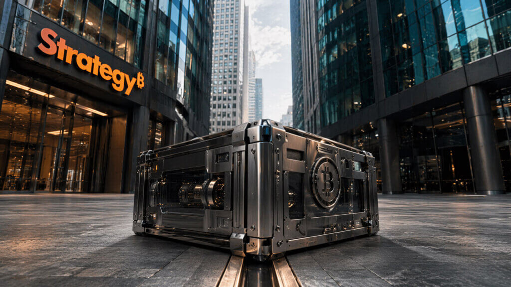 Heavy Bitcoin vault case set on a track outside Strategy’s headquarters in a Wall Street-style plaza, symbolizing Strategy’s STRC potentially pushing its Bitcoin holdings past BlackRock’s IBIT