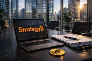 Laptop displaying Strategy with a bitcoin on a desk in a corporate office, symbolizing major gains and larger hidden figures in SEC filings