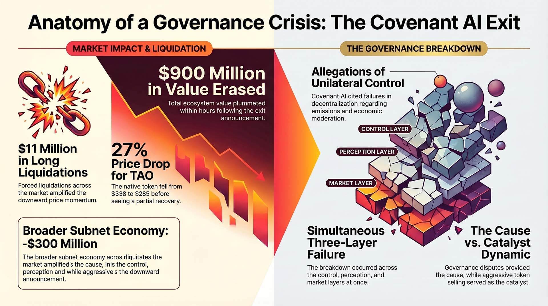Infographic titled "Anatomy of a Governance Crisis: The Covenant AI Exit" showing a $900 million market value loss, $11 million in liquidations, a 27% TAO price drop, and a three-layer governance breakdown.