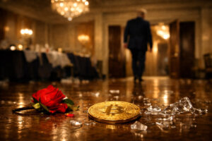 Bitcoin coin beside a fallen rose and shattered glass in an elegant room, symbolizing declining US-linked cryptocurrencies and a fractured political alliance
