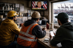 Workers watching Trump’s emergency address near an industrial port as oil surges and Bitcoin holds steady amid rising geopolitical tension