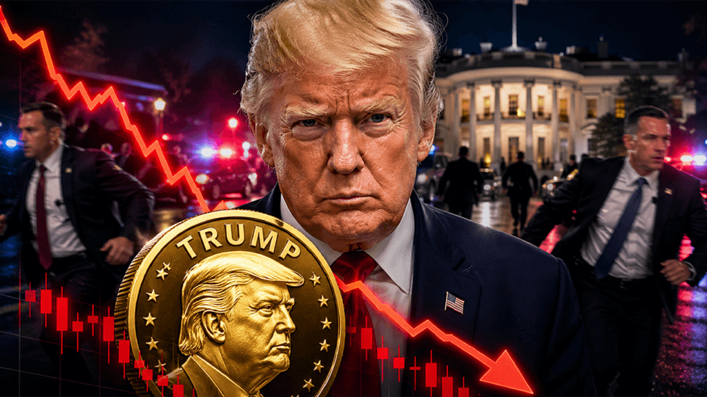 Official TRUMP token plunges on a red price chart as White House security turmoil follows the memecoin gala