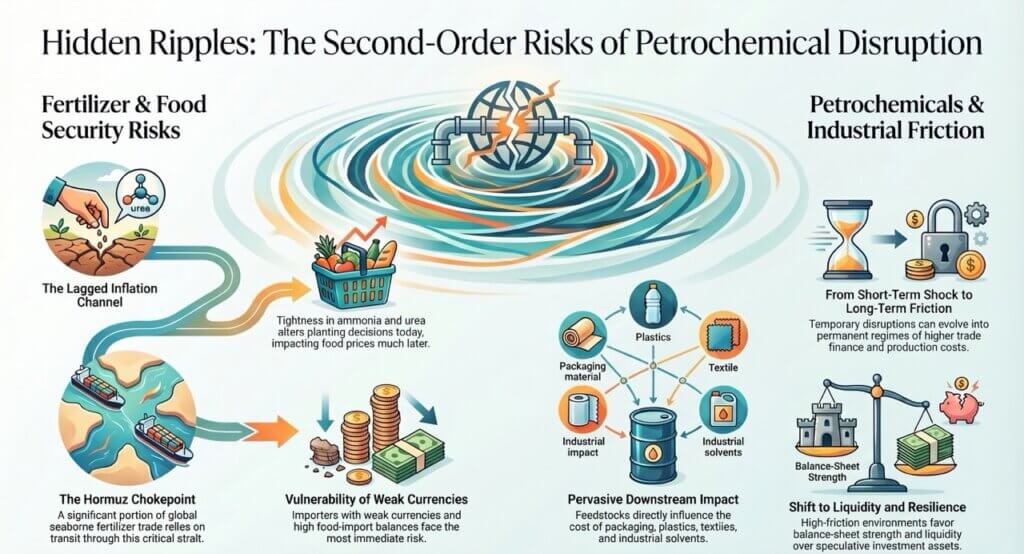 Infographic titled “Hidden Ripples: The Second-Order Risks of Petrochemical Disruption,” showing how an oil shock spreads into fertilizer and food security risks, trade and currency pressure, plastics and industrial friction, packaging and preservatives disruption, and supply chain strain across consumer goods.
