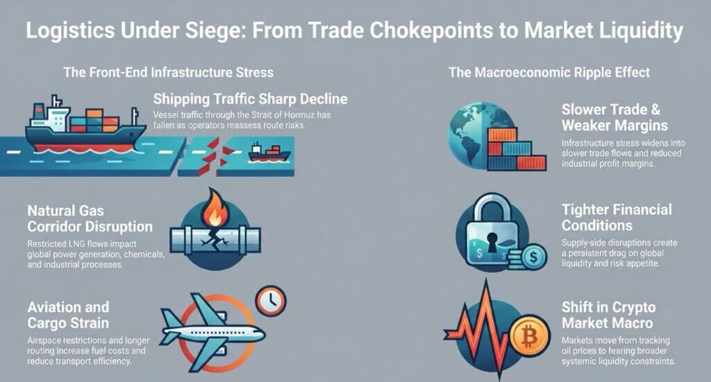 Infographic showing shipping, natural gas, and air cargo disruptions alongside tighter financial conditions and weaker trade as market liquidity comes under siege.