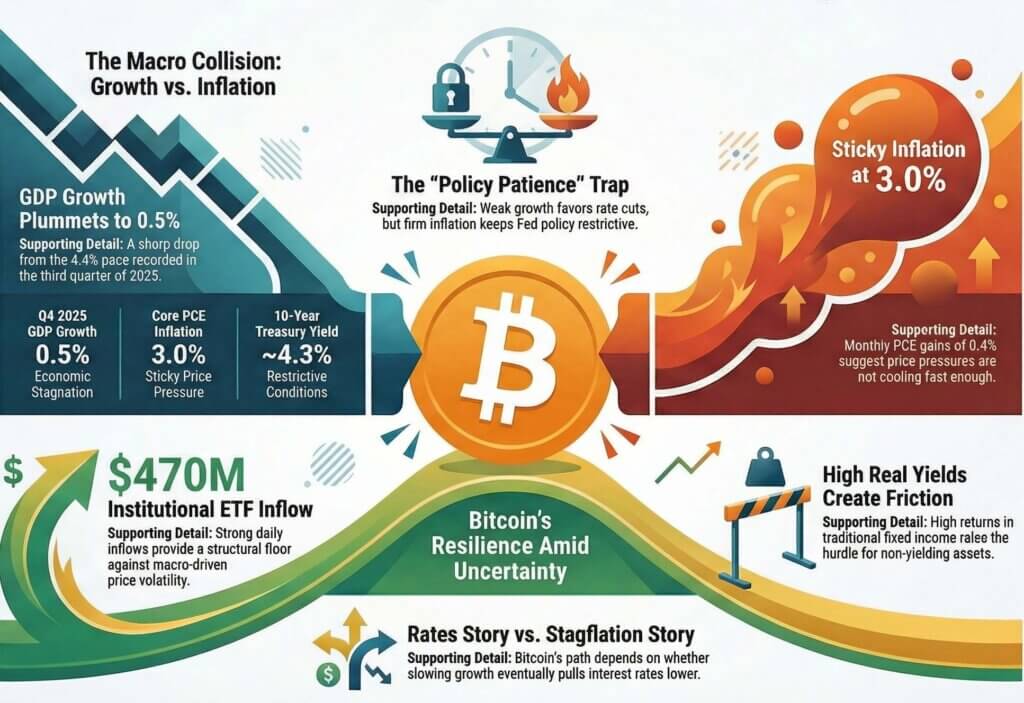 Infographic showing macroeconomic tension between slowing U.S. growth and persistent inflation, highlighting Bitcoin’s resilience, institutional inflows, and the impact of high real yields and restrictive policy conditions