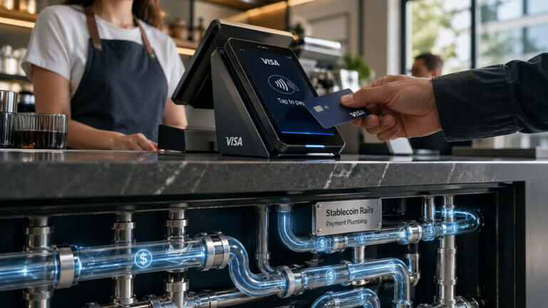 Visa payment terminal sits above stablecoin rails as digital dollars move through mainstream payment plumbing