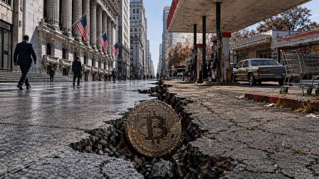 Bitcoin coin lodged in a deep crack between Wall Street and a rundown gas station street, symbolizing fragile markets as record highs clash with collapsing consumer confidence