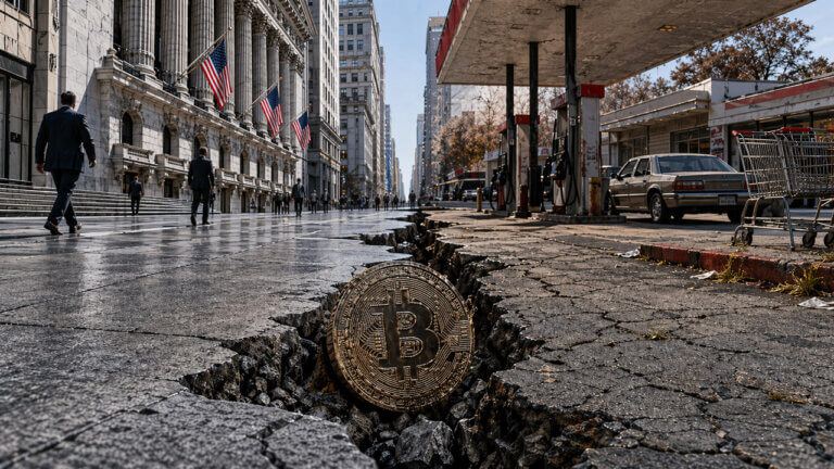 Bitcoin coin lodged in a deep crack between Wall Street and a rundown gas station street, symbolizing fragile markets as record highs clash with collapsing consumer confidence