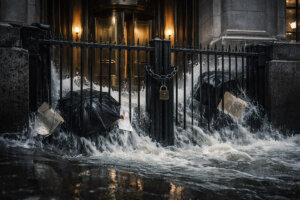 Floodwaters pushing against a locked bank entrance with documents and umbrellas caught in the current, symbolizing pressure on legacy payment systems as FedNow challenges XRP’s role