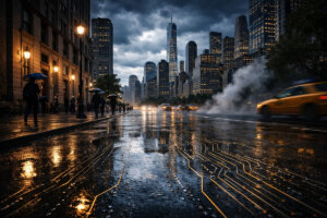 Rainy Wall Street street scene with glowing circuit patterns on pavement, symbolizing traditional finance moving on-chain as DeFi faces a major trust test