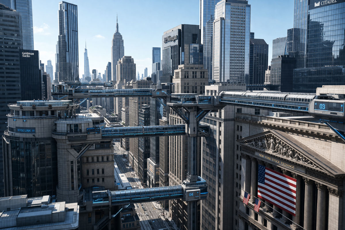 Futuristic bridges connecting Wall Street skyscrapers around the New York Stock Exchange, symbolizing tokenized stocks with centralized intermediaries still in control