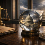 US Capitol reflected in a glass sphere on a desk with legal scales and documents, symbolizing the CFTC lawsuit to assert federal control over crypto prediction markets