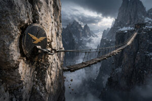 WLFI token anchoring a fragile cliffside bridge over a deep canyon, symbolizing a risky lending model where lenders bear the cost of failure