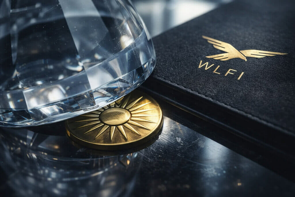 WLFI-branded case beside a coin under a glass press, symbolizing legal pressure on a top holder as the token faces a $700M loss amid scandal