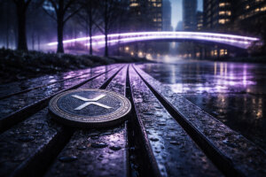 XRP coin on a rain-soaked bench beneath a dim city bridge, reflecting a weak market mood as each rebound turns into renewed selling pressure
