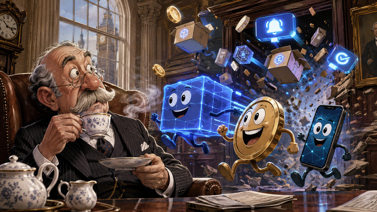Illustration of an older banker drinking tea as animated crypto assets and a digital cube move through a traditional Bank of England-style office
