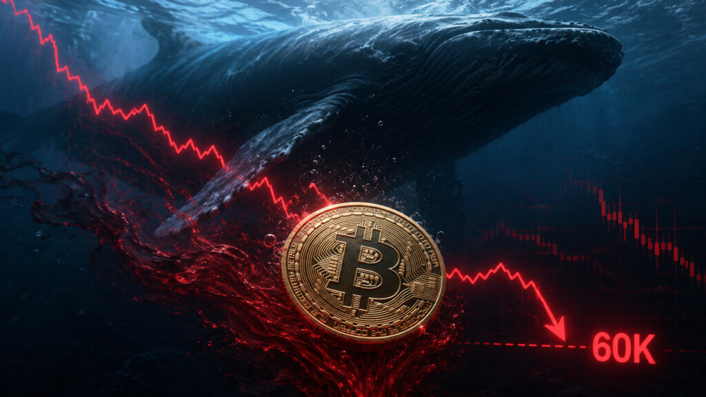 Bitcoin whale and falling price chart looming over BTC as bearish market signal points toward a potential drop to $60,000