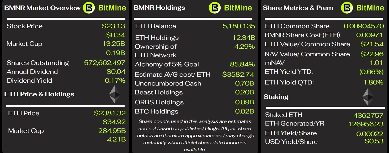 BitMine's Ethereum Key Metrics